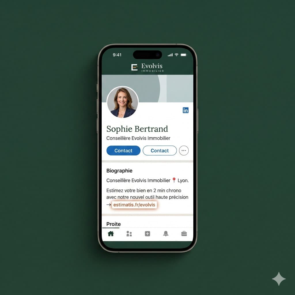 Profil LinkedIn avec lien d'estimation MandatBox dans la bio